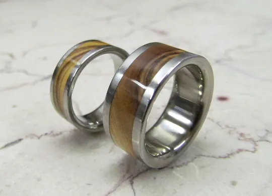 Titanium Wooden Wedding Bands Set of TWO Custom Made Rings Inlaid Bethlehem Olive Wood From The Holy Land Exotic Wood Available in size 4-17