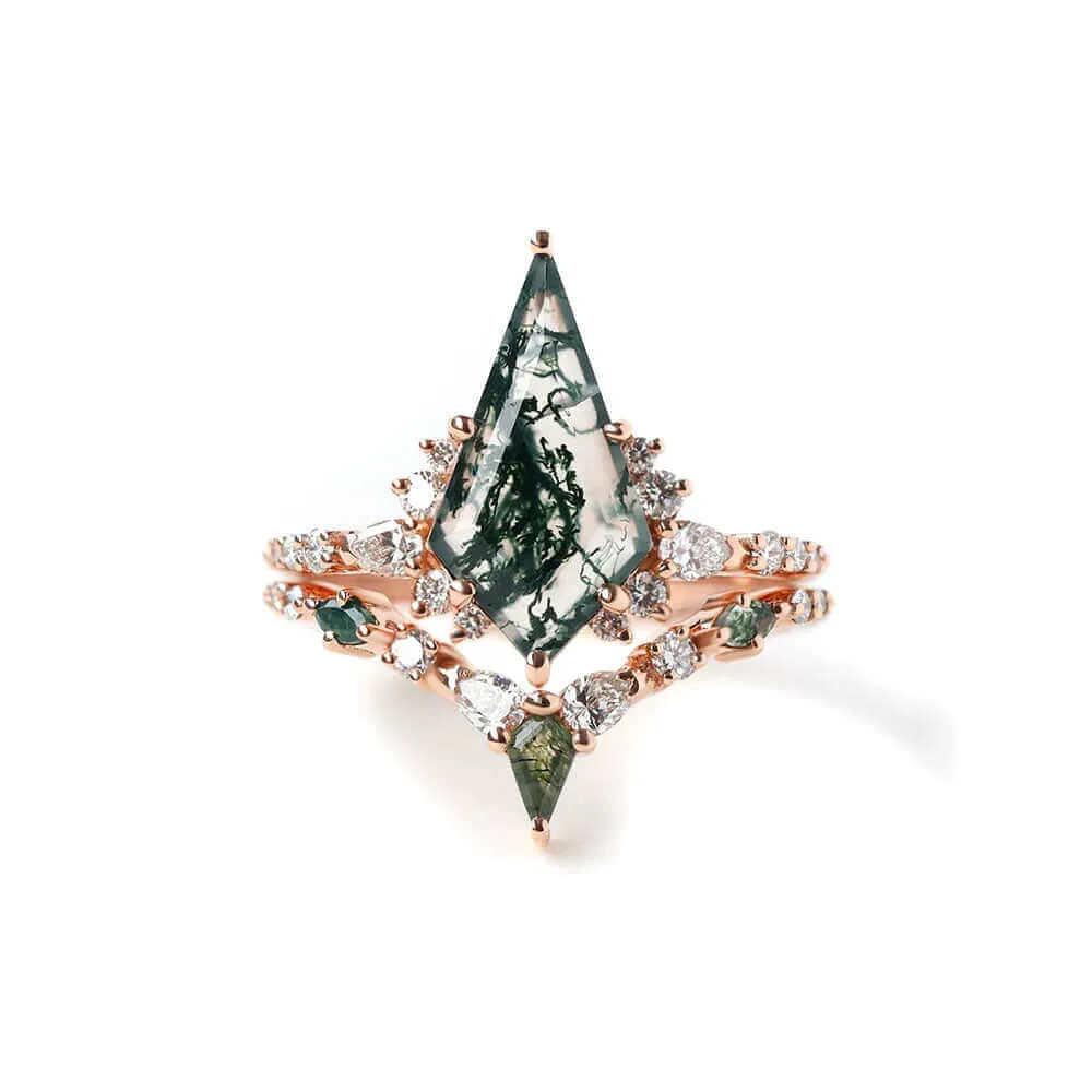 Trendolla 18K Gold Double Triangle Moss Agate And CZ Diamond Ring Set