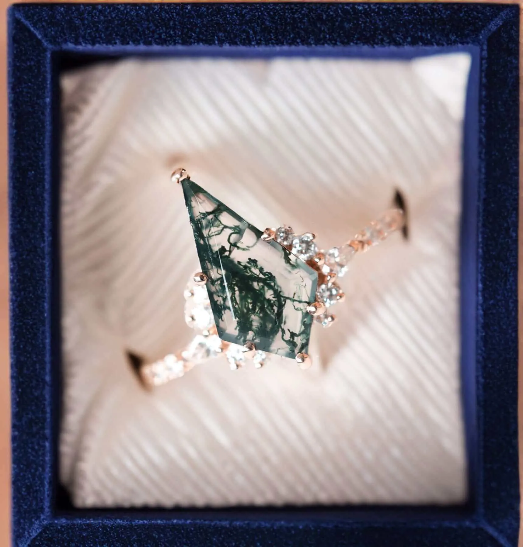 Trendolla 18K Gold Double Triangle Moss Agate And CZ Diamond Ring Set