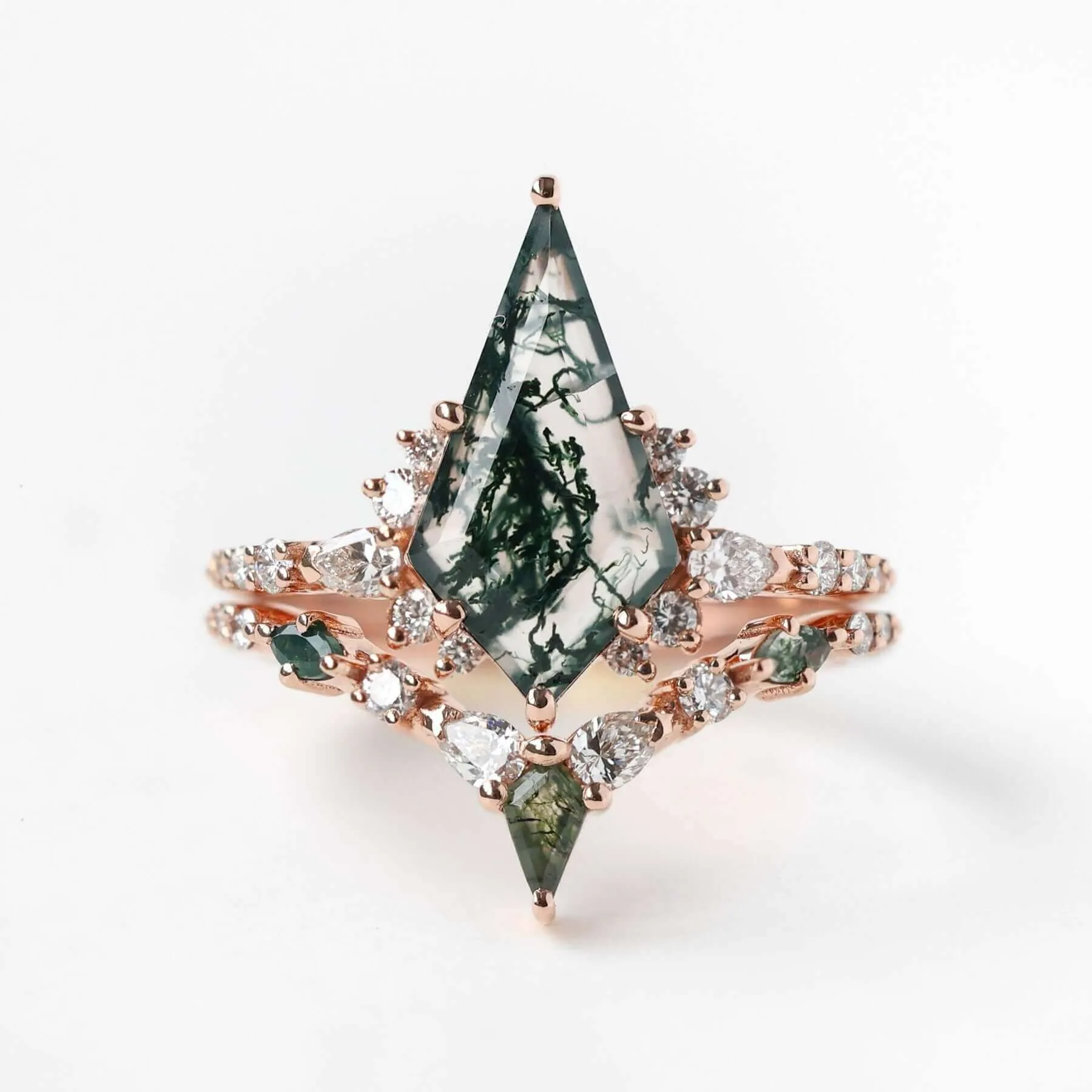 Trendolla 18K Gold Double Triangle Moss Agate And CZ Diamond Ring Set