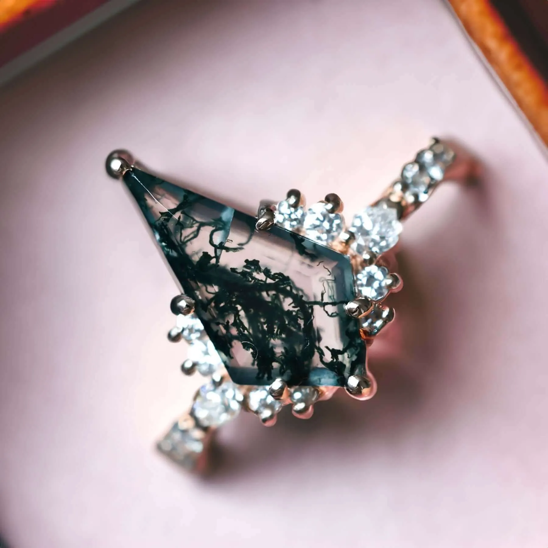 Trendolla 18K Gold Double Triangle Moss Agate And CZ Diamond Ring Set