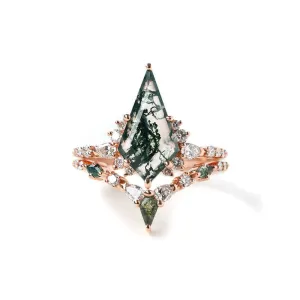 Trendolla 18K Gold Double Triangle Moss Agate And CZ Diamond Ring Set