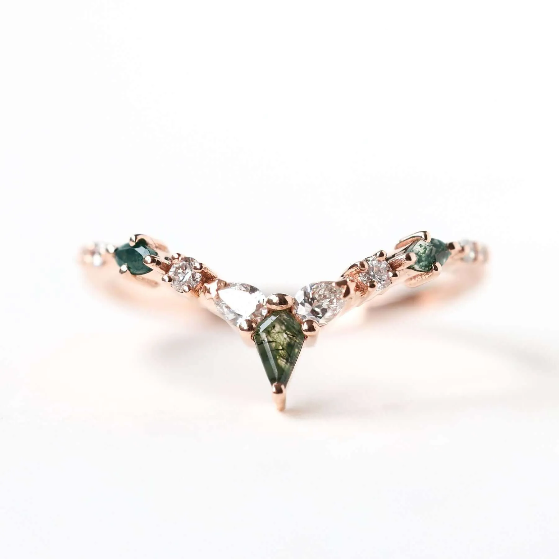Trendolla 18K Gold Double Triangle Moss Agate And CZ Diamond Ring Set