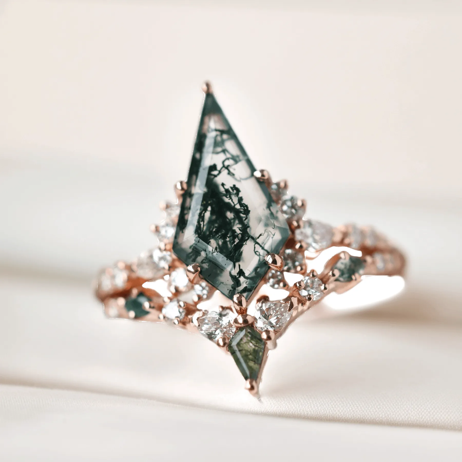 Trendolla 18K Gold Double Triangle Moss Agate And CZ Diamond Ring Set
