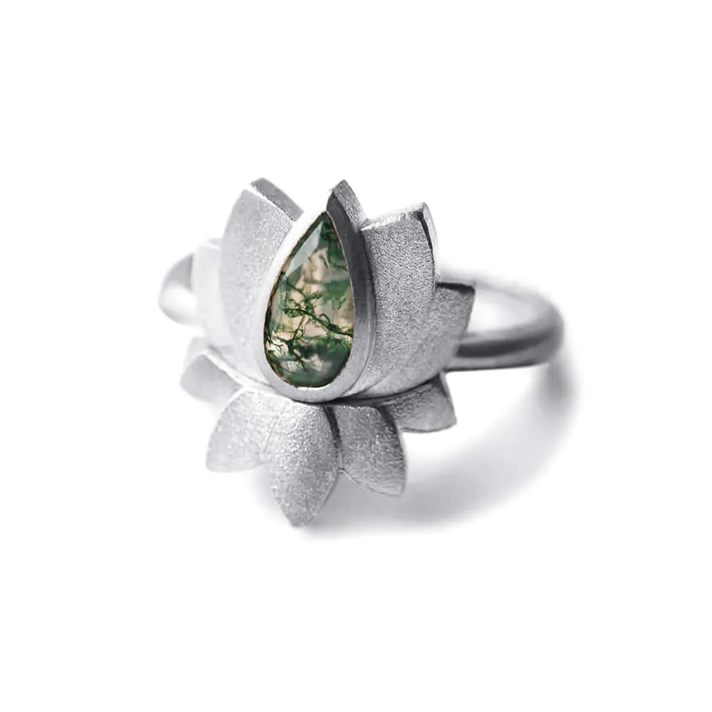 Trendolla 18K Gold Lotus Moss Agate Ring Set