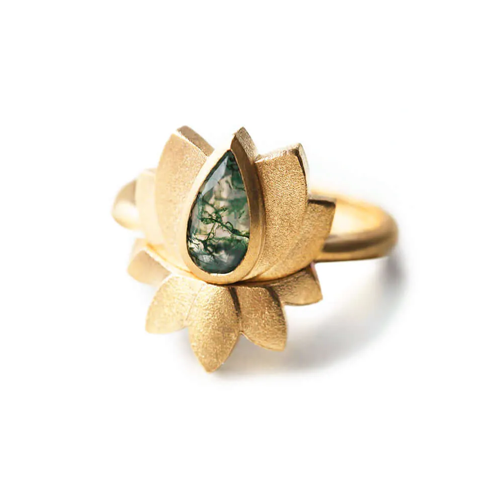 Trendolla 18K Gold Lotus Moss Agate Ring Set