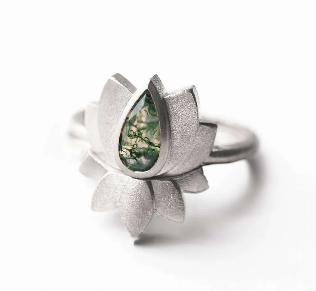 Trendolla 18K Gold Lotus Moss Agate Ring Set