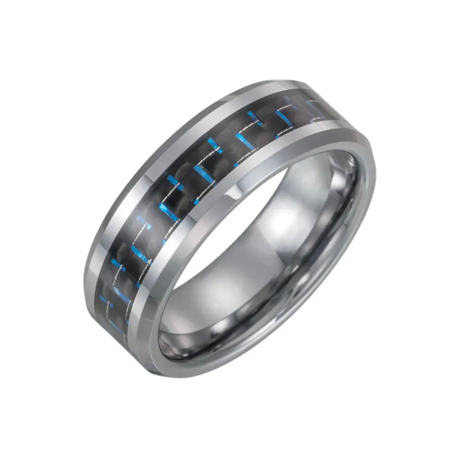 Tungsten 8mm Band with Black Carbon Fiber Inlay Blue Highlights