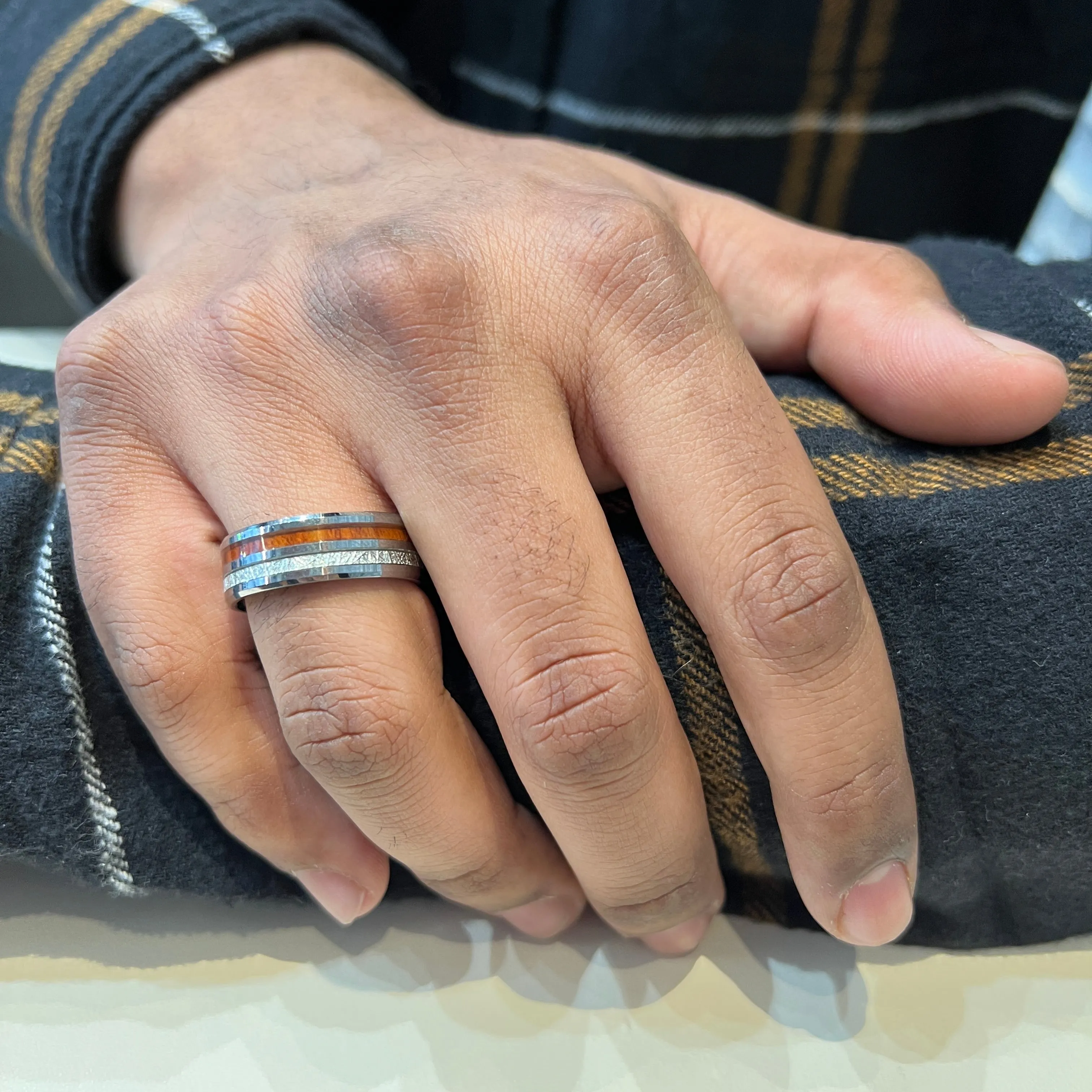 Tungsten Carbide (8mm) Imitation Meteorite and Wood Inlay Band