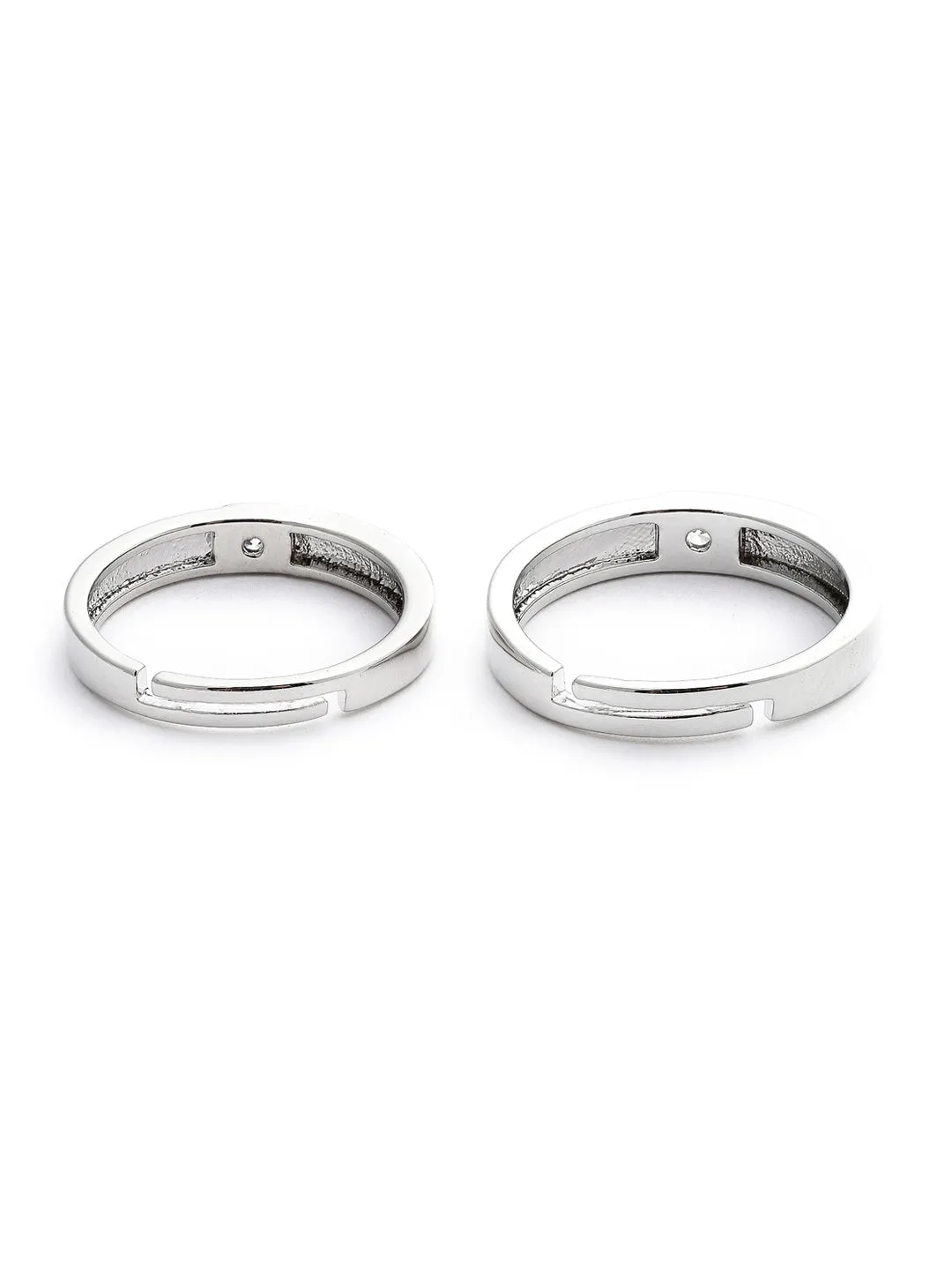 Unisex Set Of 2 Silver-Plated White AD-Studded Adjustable Finger Ring