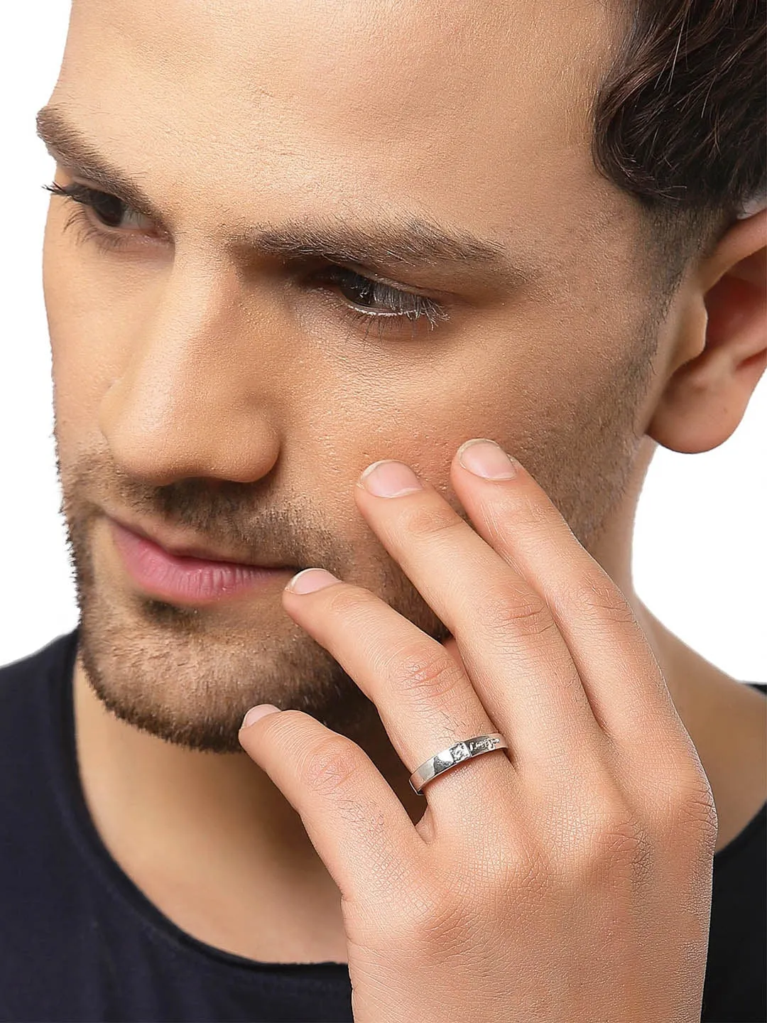 Unisex Set Of 2 Silver-Plated White AD-Studded Adjustable Finger Ring
