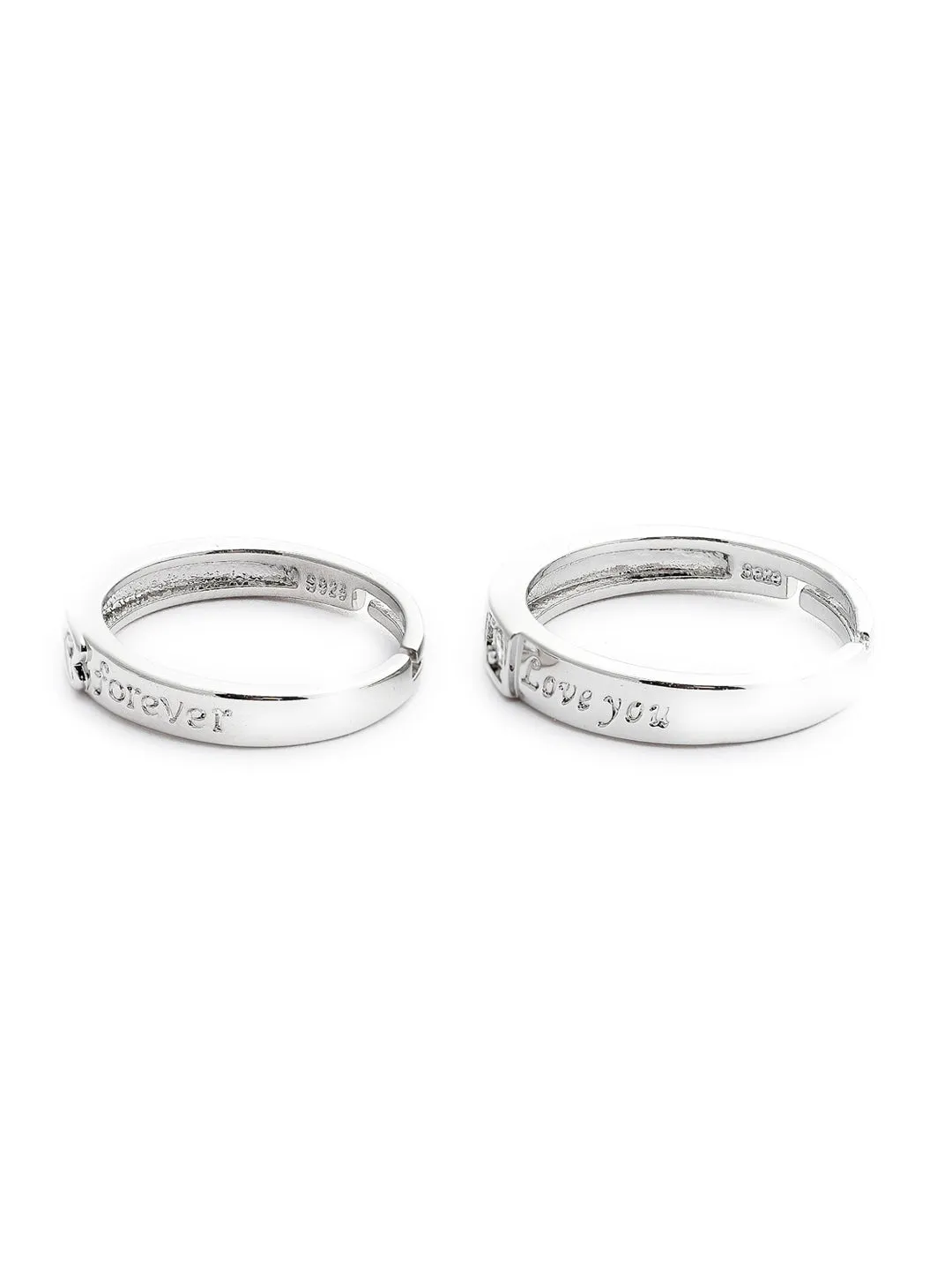 Unisex Set Of 2 Silver-Plated White AD-Studded Adjustable Finger Ring