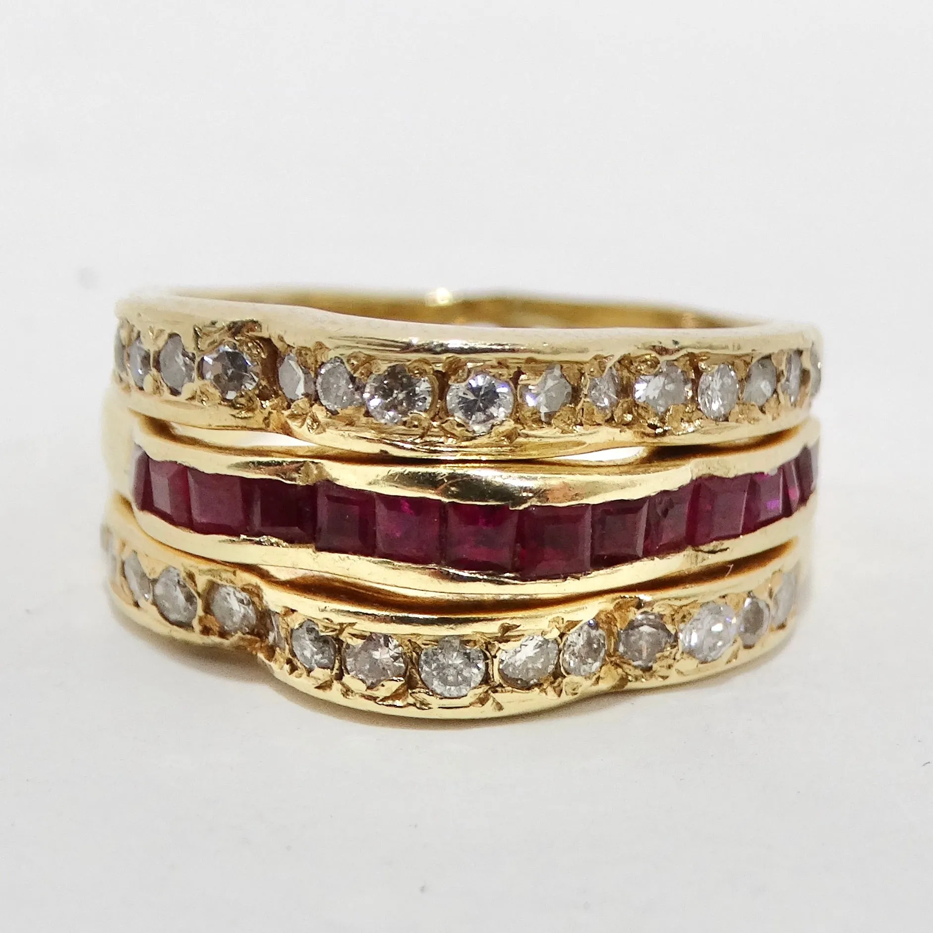 Van Cleef Inspired Set of Four Diamond, Ruby, Emerald, Sapphire 18K Gold Rings