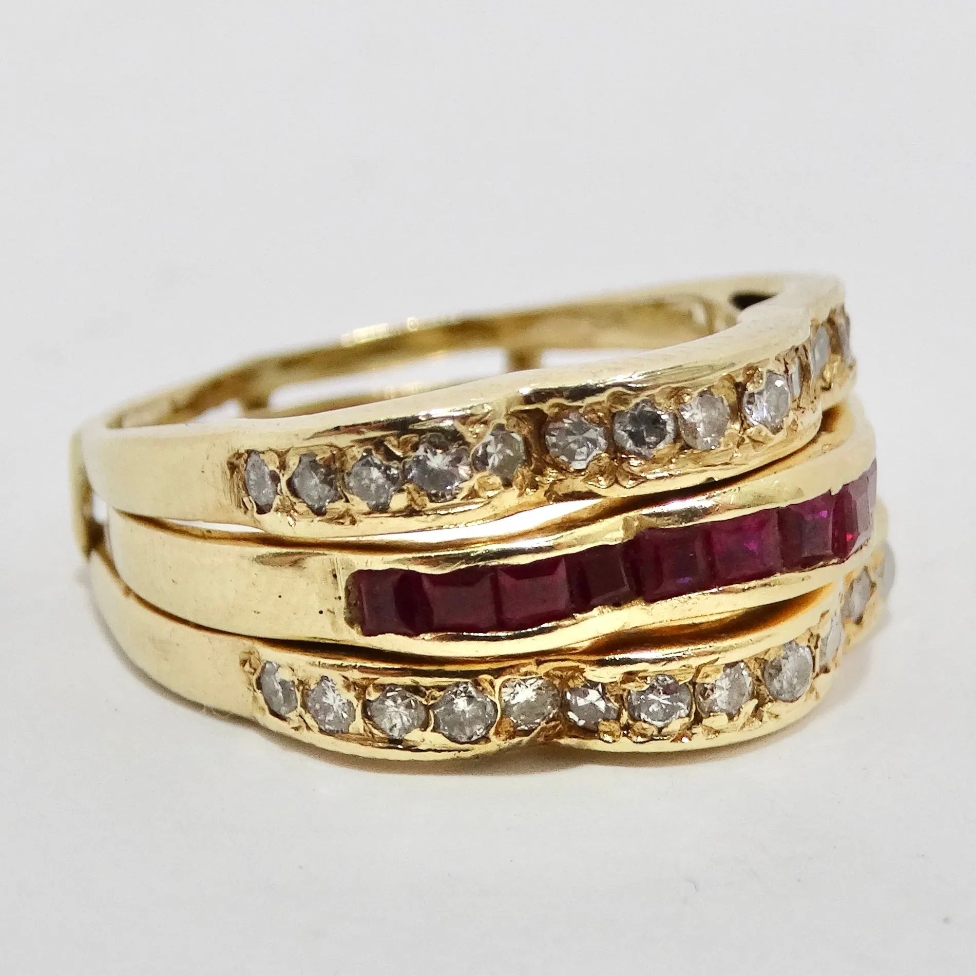 Van Cleef Inspired Set of Four Diamond, Ruby, Emerald, Sapphire 18K Gold Rings