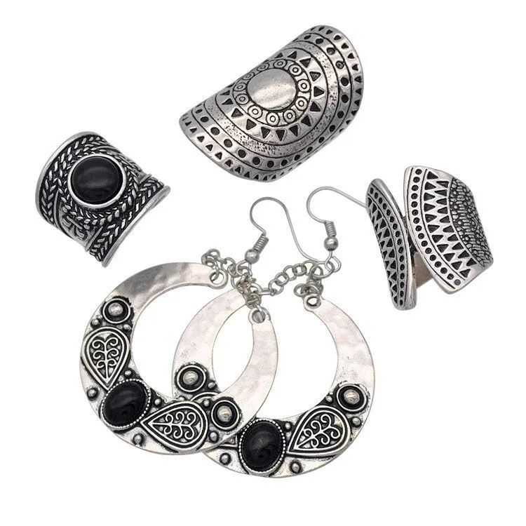 Vintage Gemstone Circle Earrings Carved Ancient Silver Ring Earrings Jewelry Set Four-piece