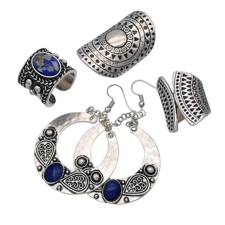 Vintage Gemstone Circle Earrings Carved Ancient Silver Ring Earrings Jewelry Set Four-piece