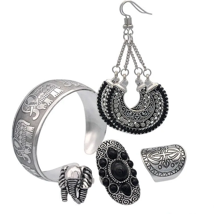 Vintage Gemstone Circle Earrings Carved Ancient Silver Ring Earrings Jewelry Set Four-piece