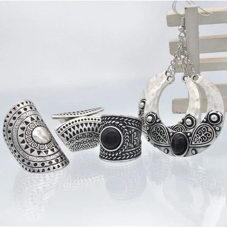 Vintage Gemstone Circle Earrings Carved Ancient Silver Ring Earrings Jewelry Set Four-piece