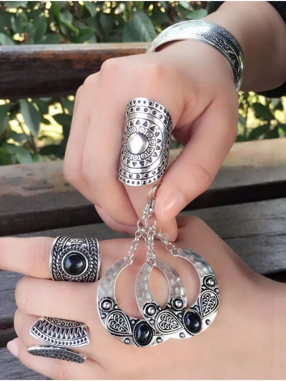 Vintage Gemstone Circle Earrings Carved Ancient Silver Ring Earrings Jewelry Set Four-piece