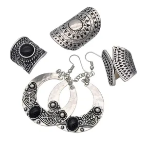 Vintage Gemstone Circle Earrings Carved Ancient Silver Ring Earrings Jewelry Set Four-piece