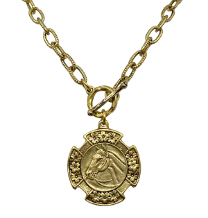 Vintage Gold 18" Chain And Toggle With Reproduction Gold Horse Flower Pendant