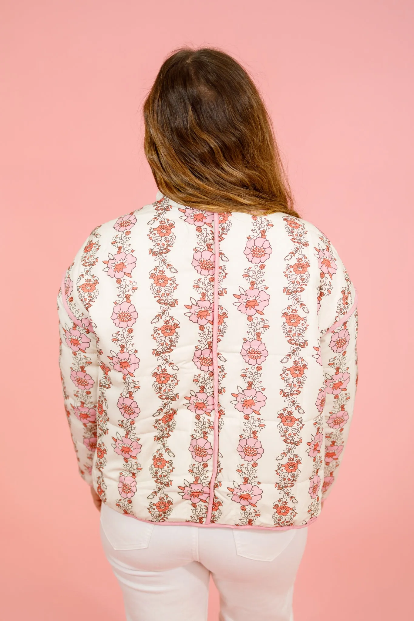 White and Pink Floral Quilted Jacket