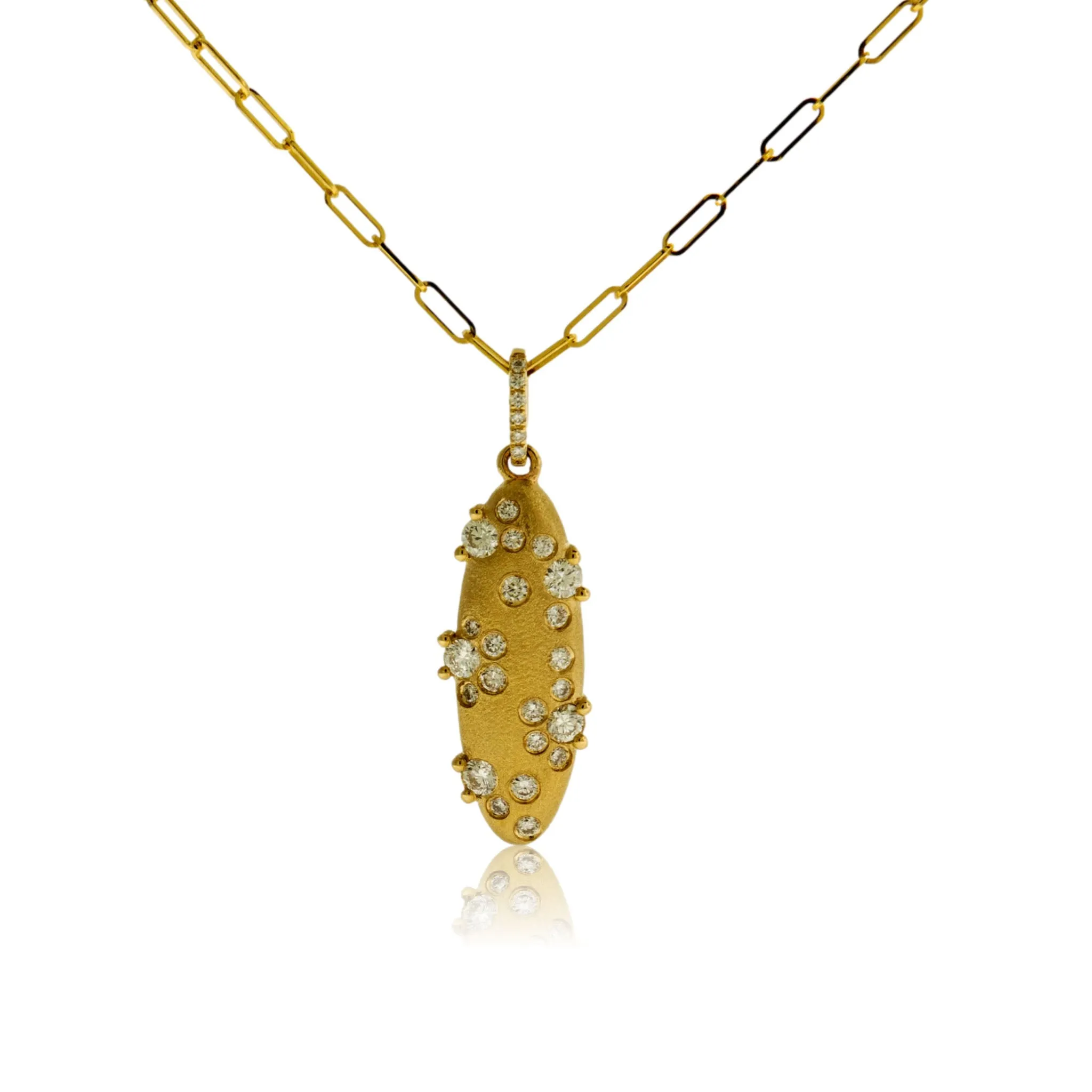 Yellow Gold Satin Finish Flush Set Diamond Vertical Necklace