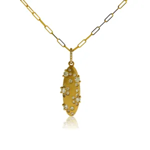 Yellow Gold Satin Finish Flush Set Diamond Vertical Necklace