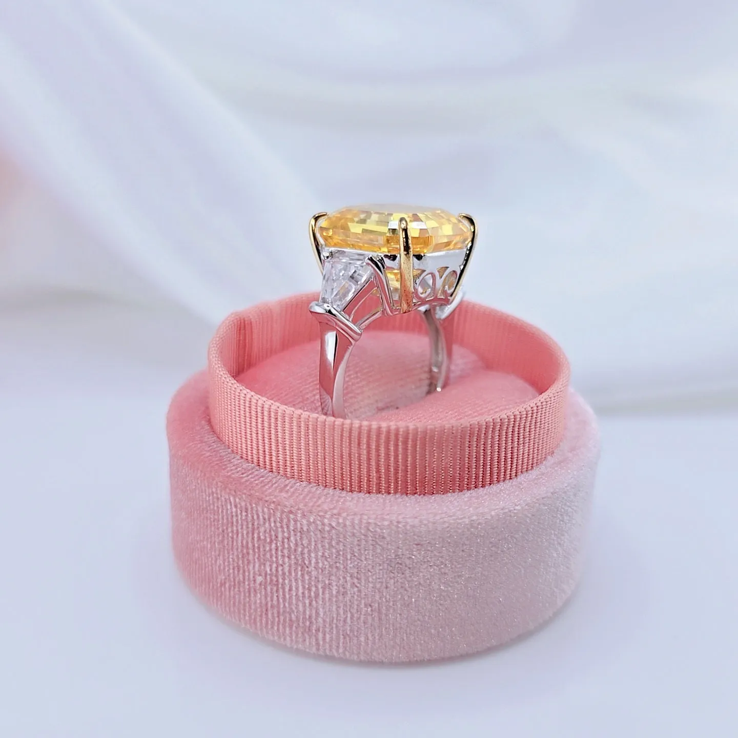 Yellow Sapphire Asscher Cut Three Stone Engagement Ring