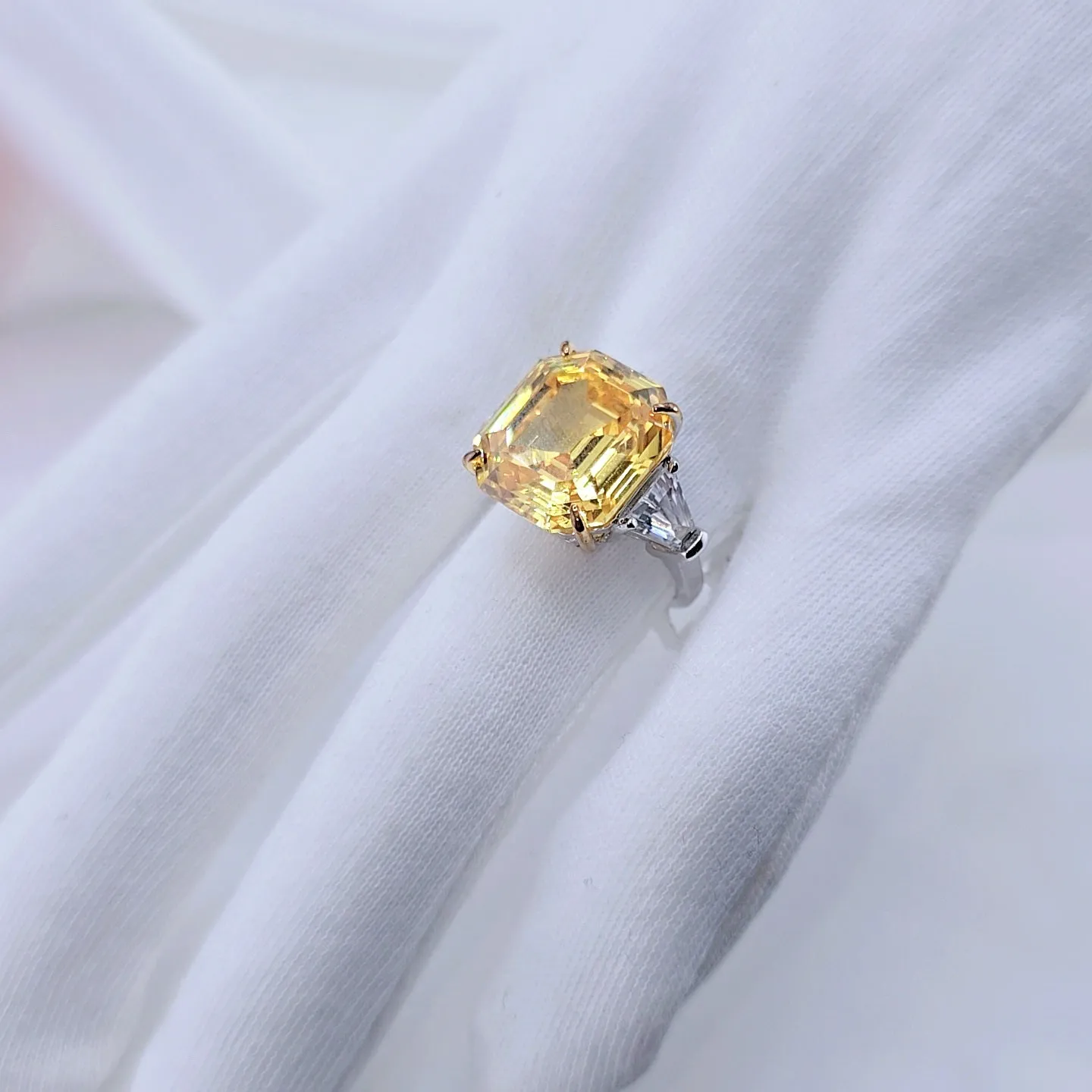 Yellow Sapphire Asscher Cut Three Stone Engagement Ring