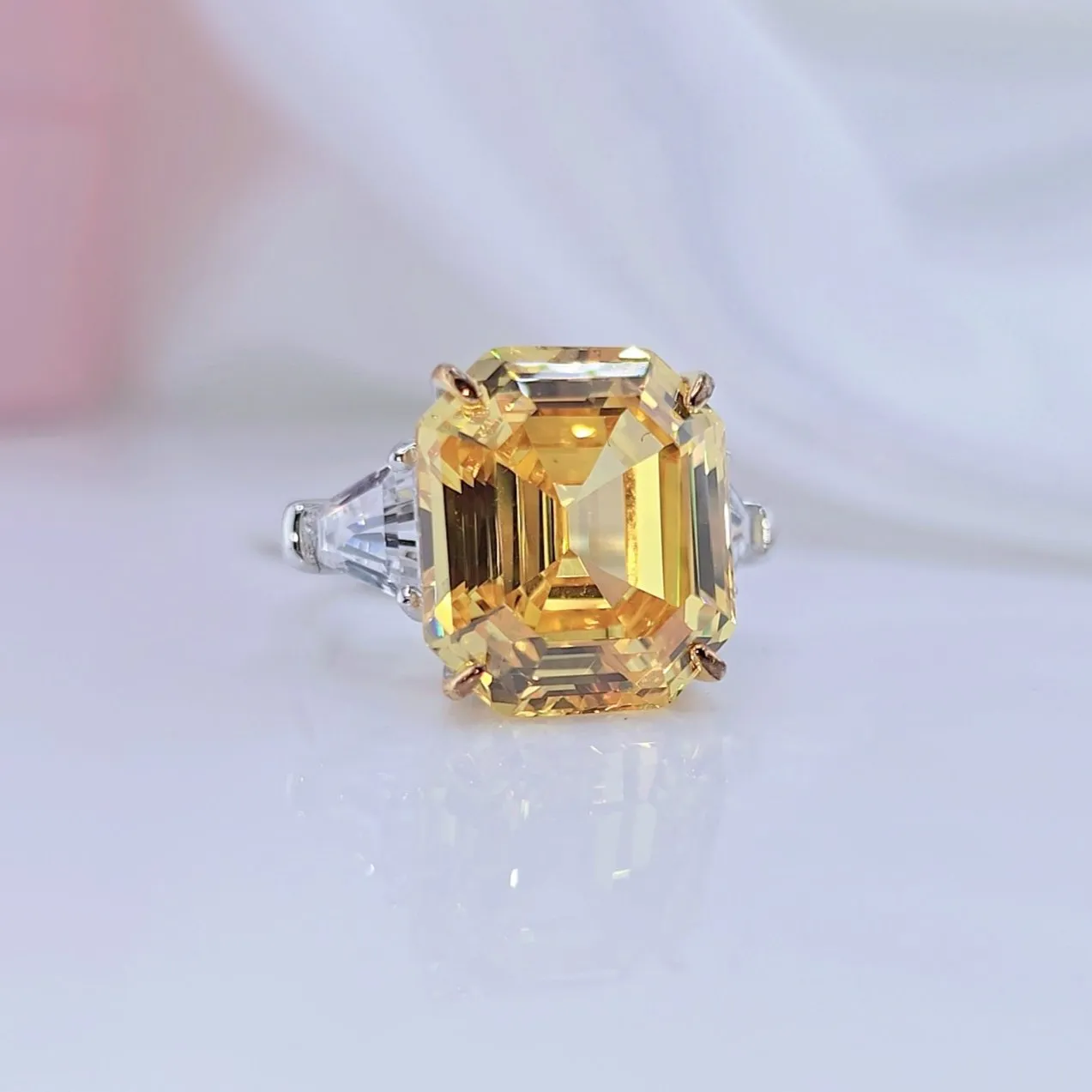 Yellow Sapphire Asscher Cut Three Stone Engagement Ring