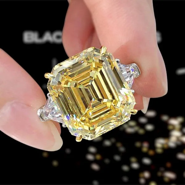 Yellow Sapphire Asscher Cut Three Stone Engagement Ring