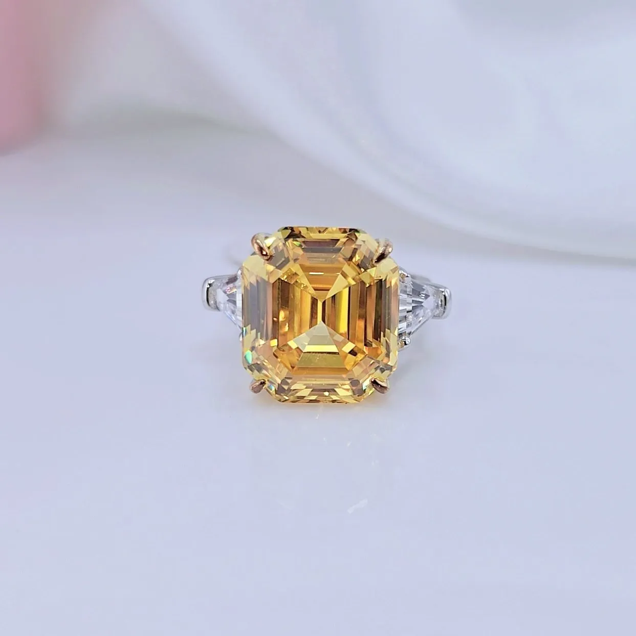 Yellow Sapphire Asscher Cut Three Stone Engagement Ring