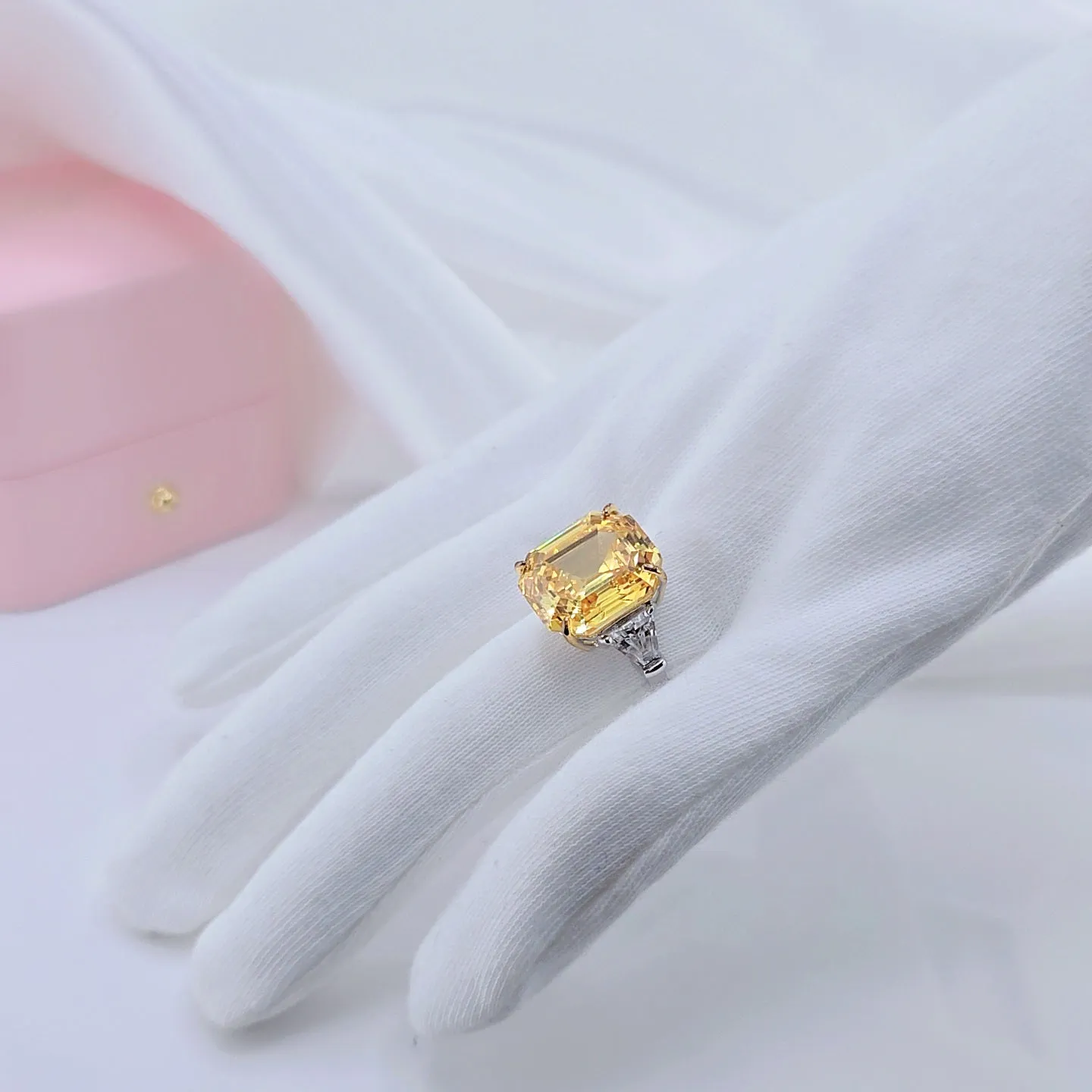 Yellow Sapphire Asscher Cut Three Stone Engagement Ring