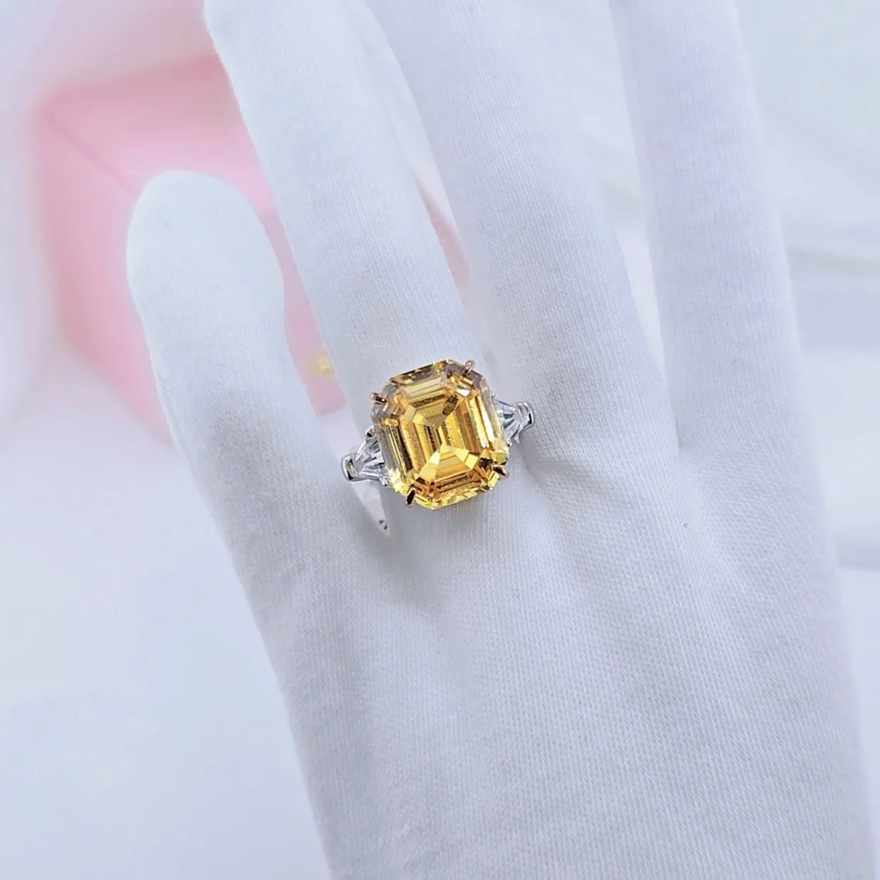 Yellow Sapphire Asscher Cut Three Stone Engagement Ring