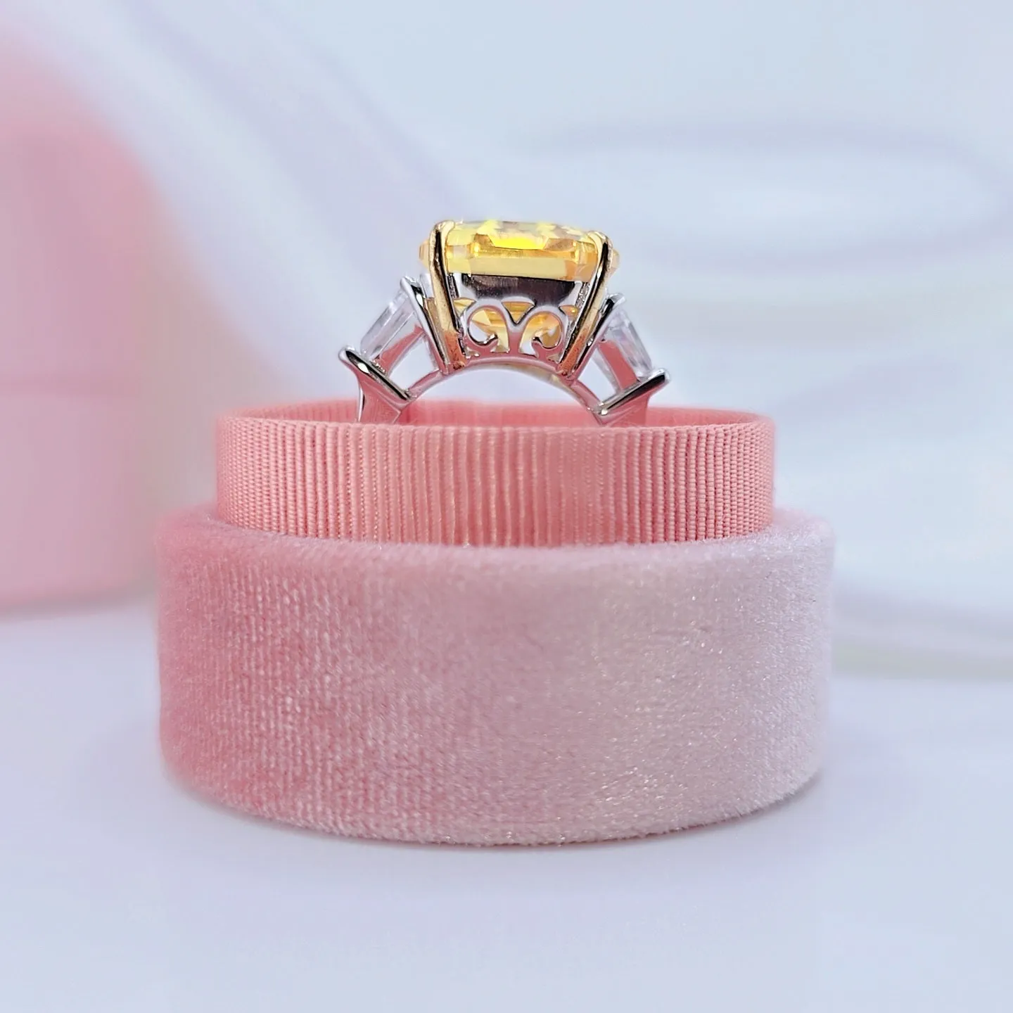 Yellow Sapphire Asscher Cut Three Stone Engagement Ring