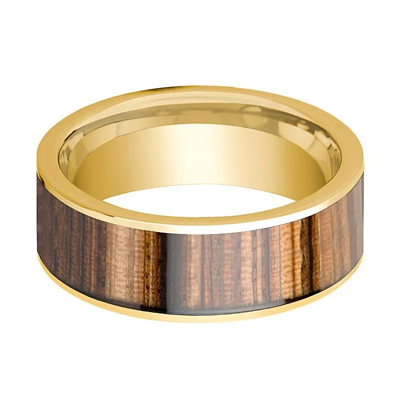 Zebra Wood Inlaid Men's 14k Yellow Gold Flat Wedding Band Polished Finish - 8MM