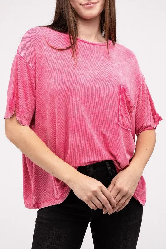 ZENANA Washed Ribbed Cuffed Short Sleeve Round Neck Top