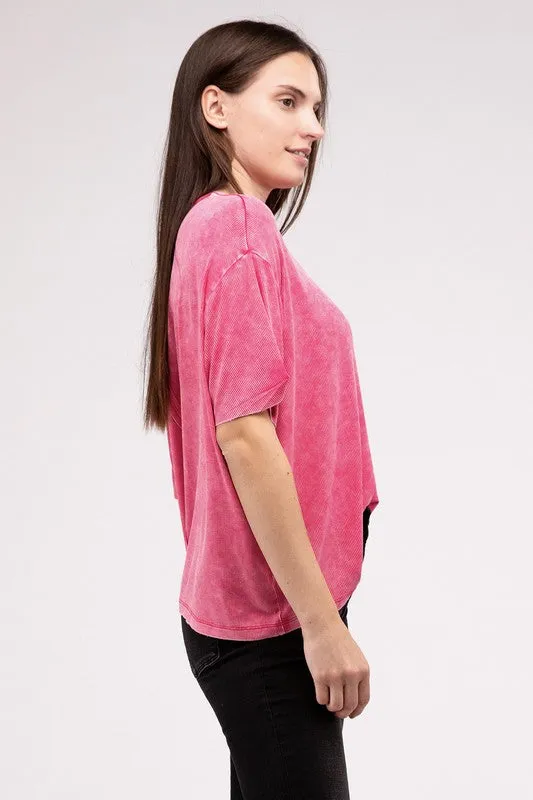 ZENANA Washed Ribbed Cuffed Short Sleeve Round Neck Top